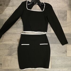 Black Two-Piece Crop Top & Skirt Set with White Piping
